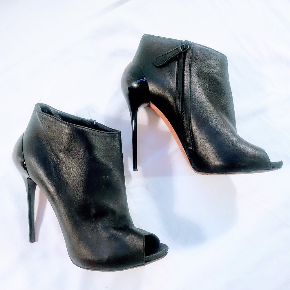 Alexander McQueen Black Leather Ankle Stiletto Booties Platform Peep Toe Heels - Picture 5 of 15